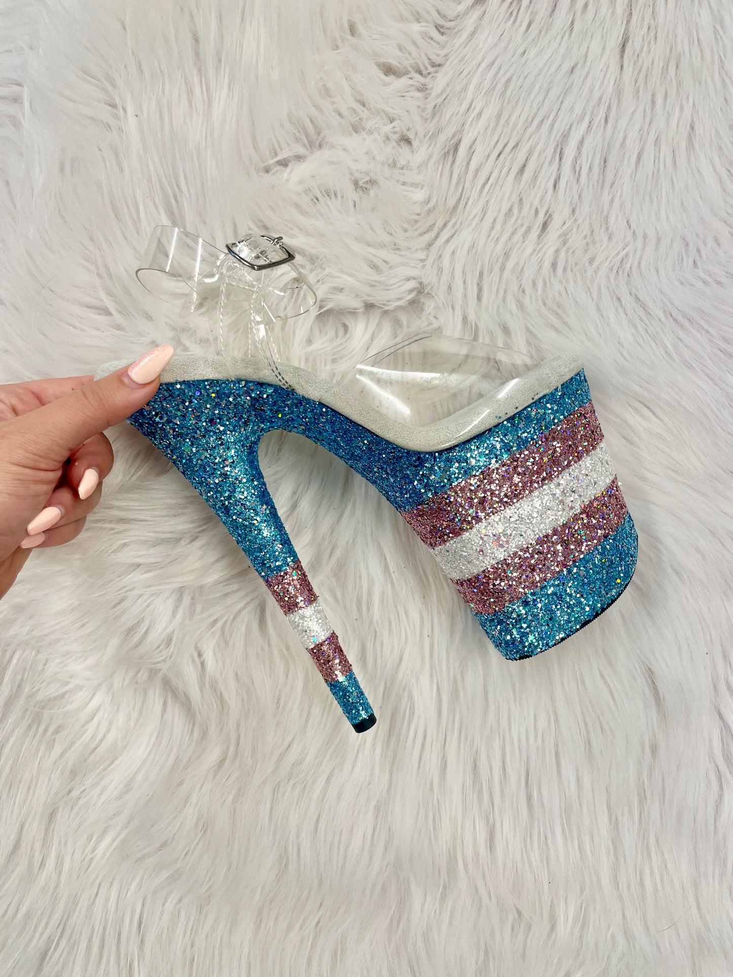 READY TO WEAR -  TRANS PRIDE STRIPE - 8" SZ 8 - Nightshade Designs x Pleaser Custom Glitter Heels