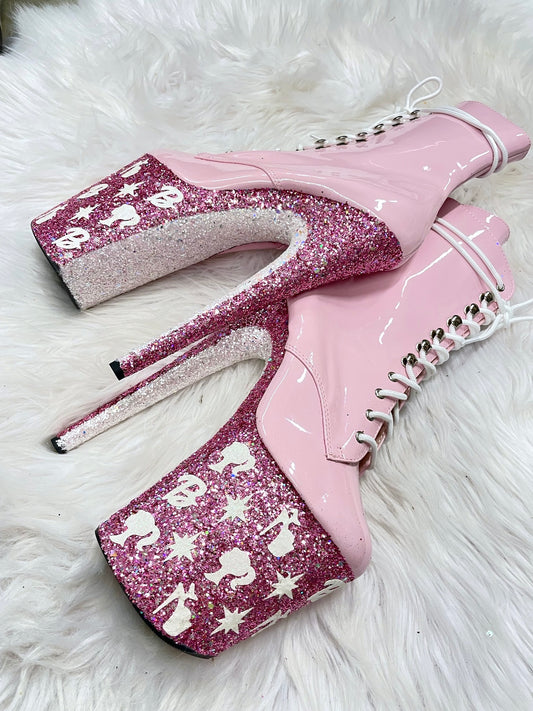 ONE OF A KIND: HI BARBIE BOOTS - 8" sz 7 - Nightshade Designs x Pleaser Custom Glitter Heels