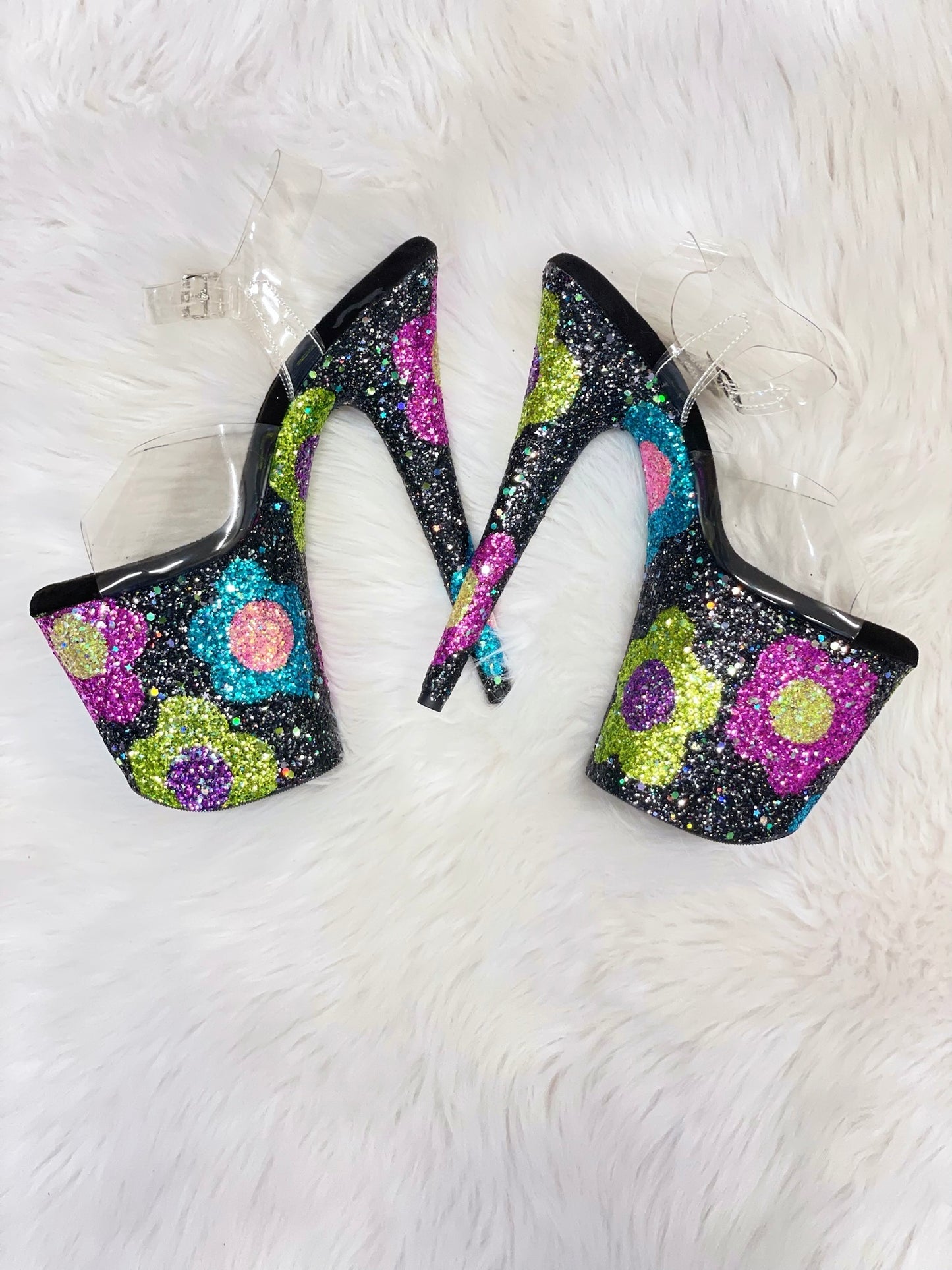 ONE OF A KIND -  FLOWER CHILD - 8" SZ 9 - Nightshade Designs x Pleaser Custom Glitter Heels