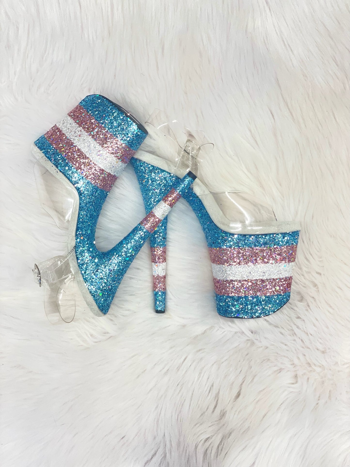 READY TO WEAR -  TRANS PRIDE STRIPE - 8" SZ 8 - Nightshade Designs x Pleaser Custom Glitter Heels