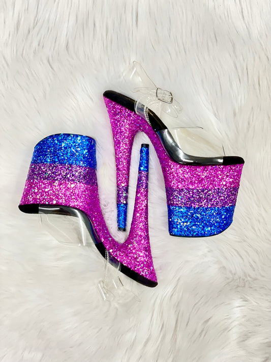 READY TO WEAR -  BISEXUAL PRIDE STRIPE - 8" SZ 7 - Nightshade Designs x Pleaser Custom Glitter Heels