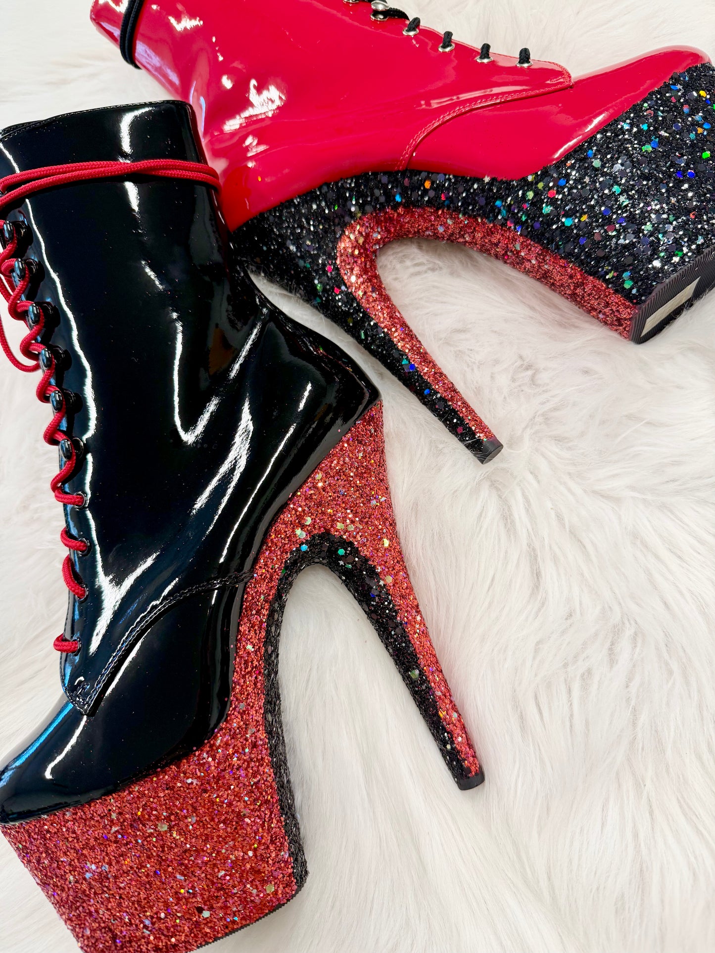 READY TO WEAR - HARLEY QUINN BOOTS - 7" sz 10 -  Nightshade Designs x Pleaser Custom Glitter Heels