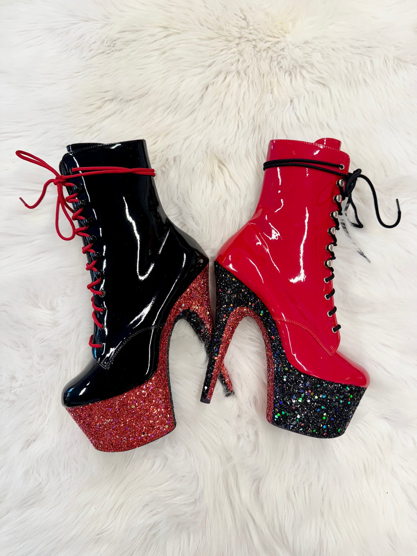 READY TO WEAR - HARLEY QUINN BOOTS - 7" sz 10 -  Nightshade Designs x Pleaser Custom Glitter Heels