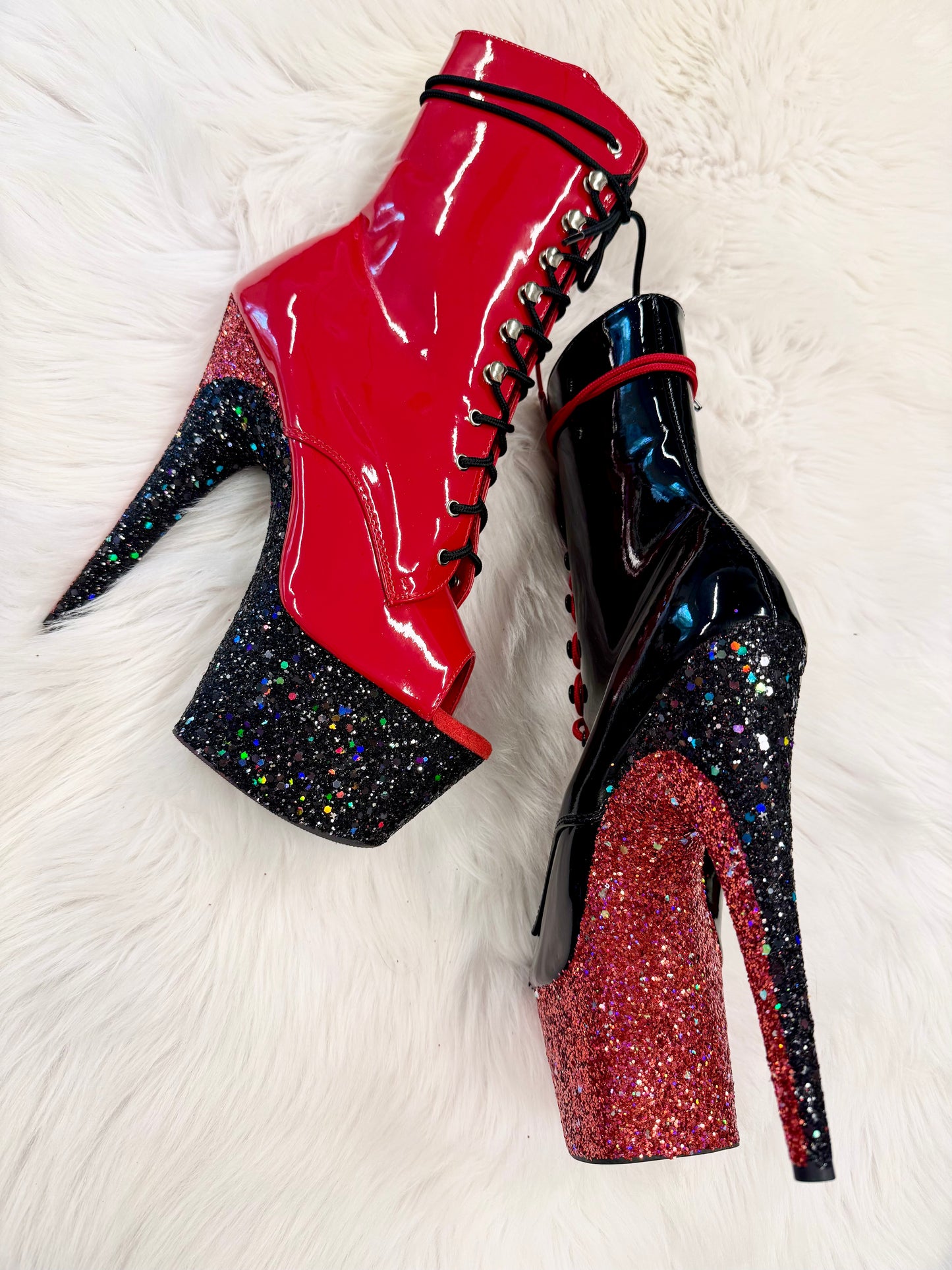 READY TO WEAR - HARLEY QUINN OPEN TOE BOOTS - 7" sz 10 -  Nightshade Designs x Pleaser Custom Glitter Heels