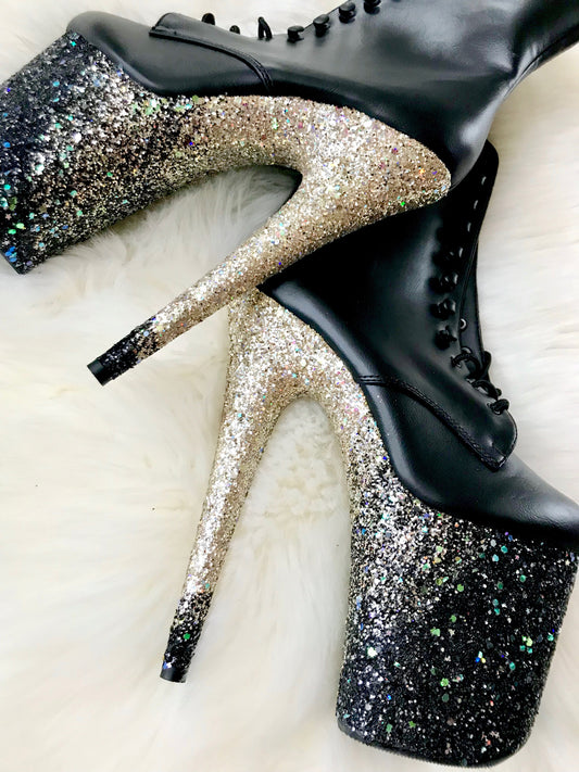 Matte black boots with black and champagne glitter ombre.Black glitter on the front and sides of platforms, and transitions to champagne glitter. Lace-up front with black laces and inside zipper.