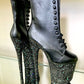 Black matte boots with black glitter on the platforms, arch, and heels.  Lace-up front, inside zipper.