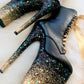 Matte Black Boots with glitter Ombre platform in black and gold glitter. Lace-up front with gold ribbon, inside zipper. 