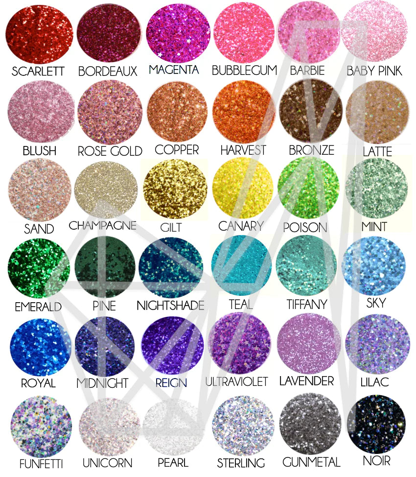 Our custom glitter color chart.