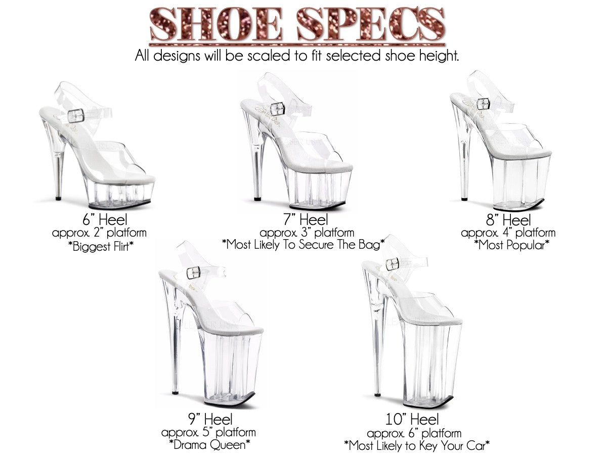 Sizing chart. Shows what each heel size looks like. 6" heels have an approximately 2" platform, 7" heel has an approximately 3" platform, 8" heel has an approximately 4" platform, 9" heel has an approximately 5" platform, and 10" heel has an approximately 6" platform.